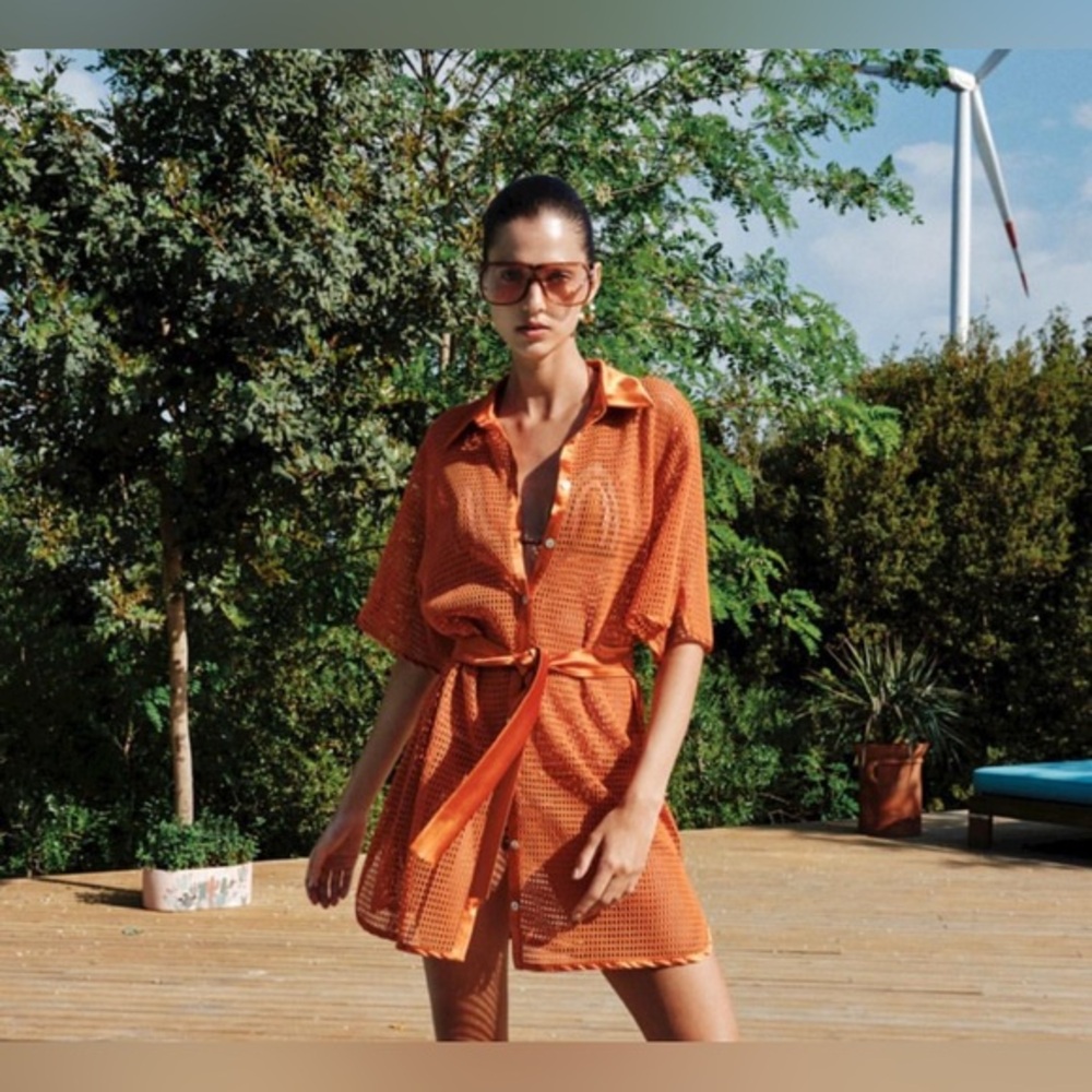 My Beachy Side Button-Up Tie Waist Camelia Cover-up Dress Gold Flame Small $195